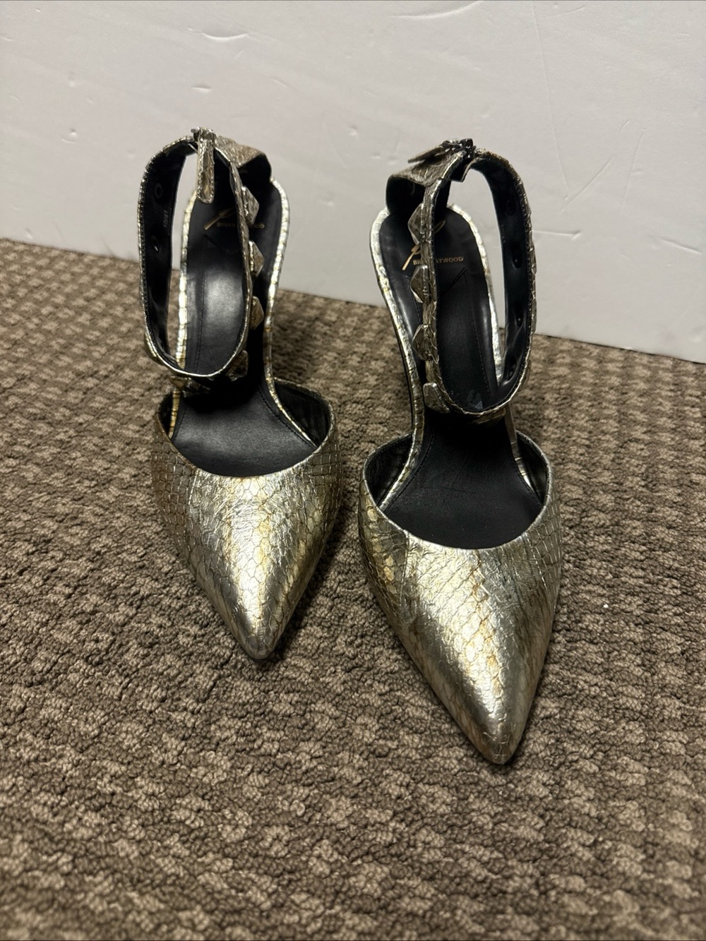 Brian Atwood Gold Textured Pointed-Toe Women's Heels with studded Ankle Strap